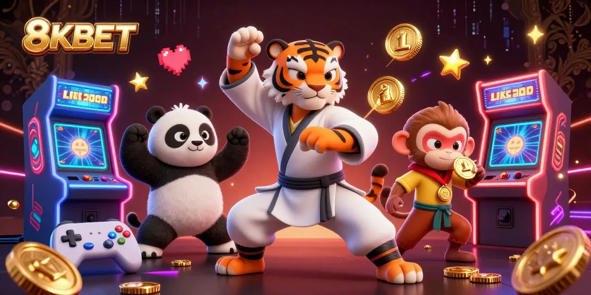 Experience thrilling gameplay with 8KBET's vibrant illustration featuring a kung fu master and exciting casino elements
