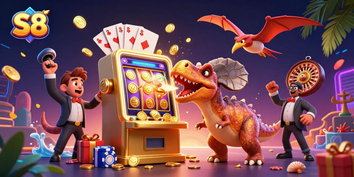 S8 players celebrating a jackpot as a pachycephalosaurus headbutts a slot machine amidst flying coins and cards.