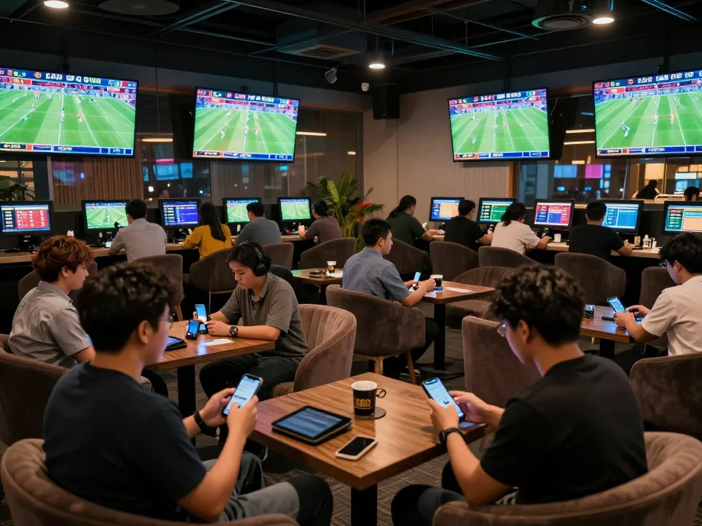 Kèo bóng đá ngày mai showcased at a bustling sports betting lounge with bettors placing live bets