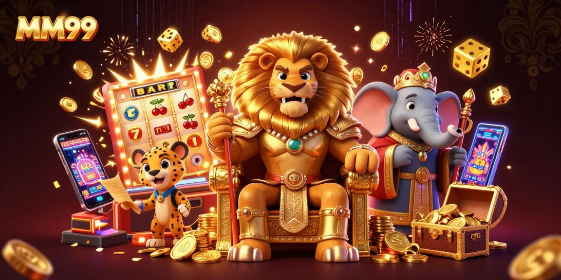 Experience the thrill of MM99 with a regal lion and vibrant slot symbols in action.