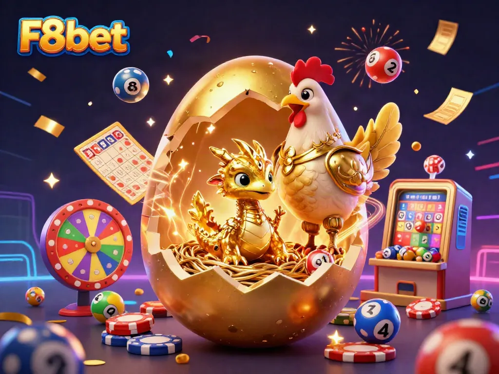 Experience F8bet's vibrant casino scene with a golden baby dragon and exciting game elements.