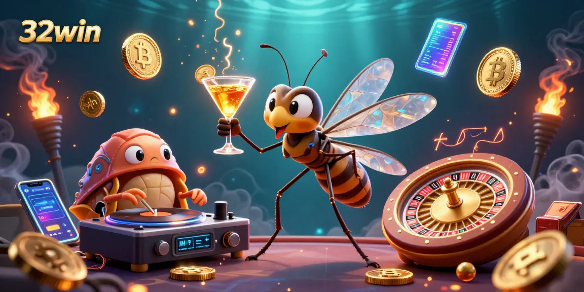 Experience the thrill of 32win with a cartoon mosquito mascot and a trilobite DJ, celebrating in an underwater casino.