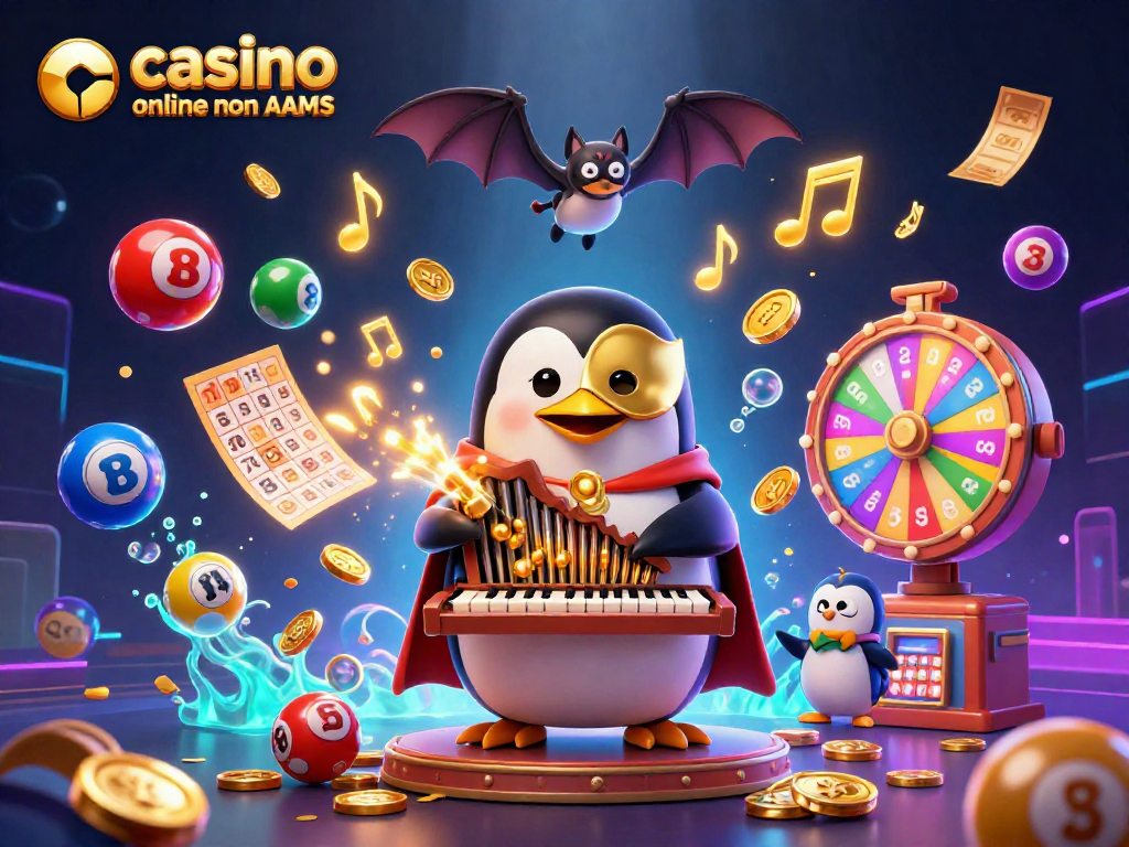 Gioca al casino online non AAMS con la tua fortuna in un'illustrazione vivace con un pinguino che suona un organo.
