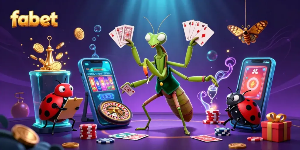 Experience exciting action with fabet's gambling scene featuring a giant praying mantis card sharp and ladybug pit boss.