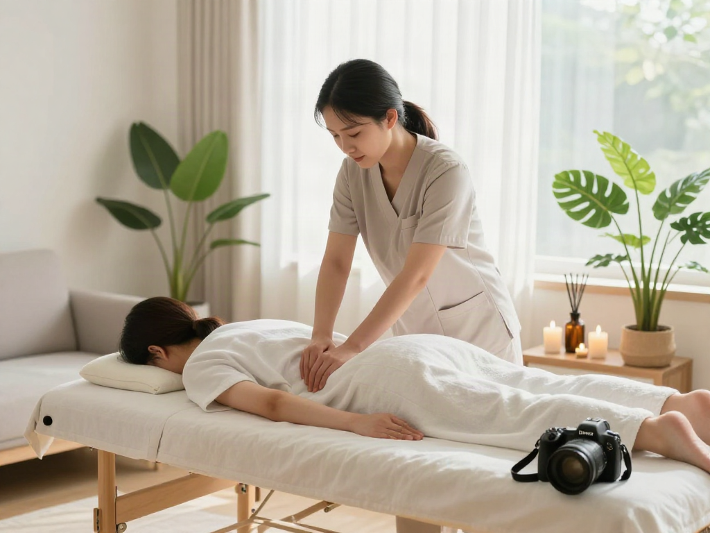 Professional therapist providing 인천출장마사지 in a bright, serene living room with plants and soft lighting.
