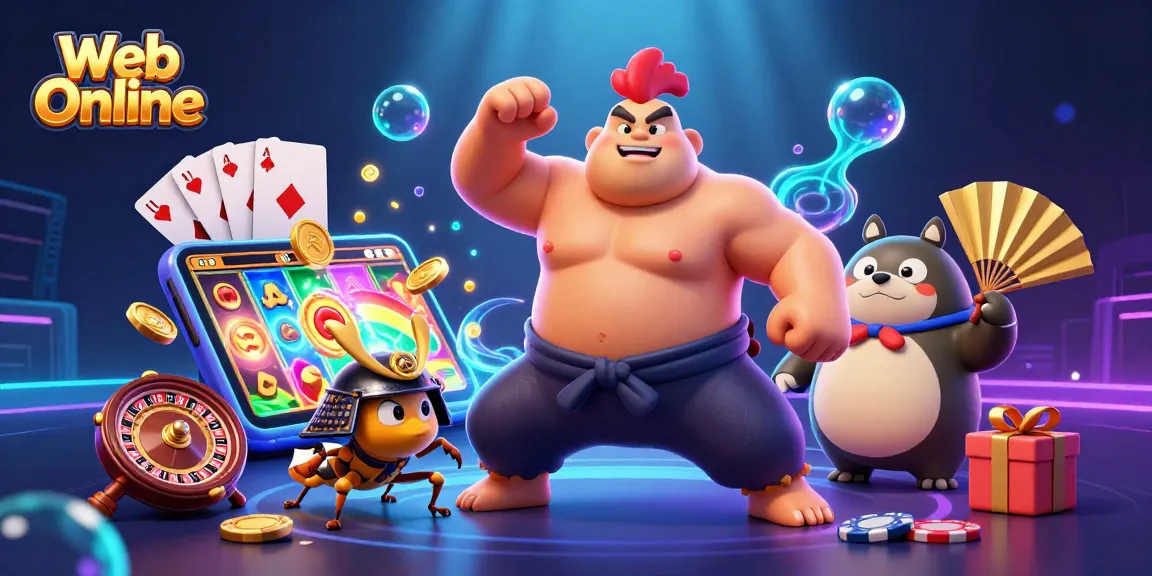 Engage in immersive gaming at Web Online with a dynamic illustration featuring a sumo rooster and cricket.