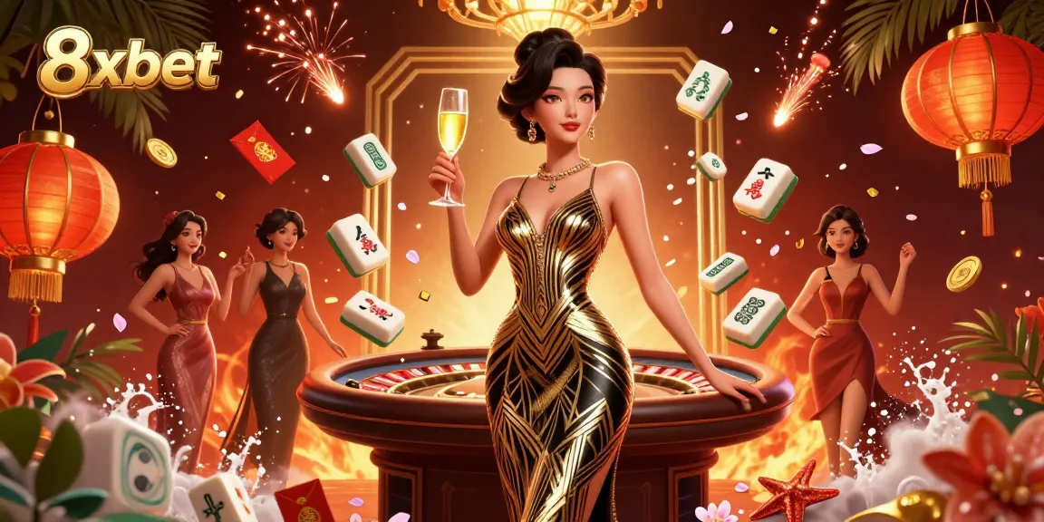Experience the excitement of 8xbet with a captivating casino scene featuring glamorous characters and rich decorations.