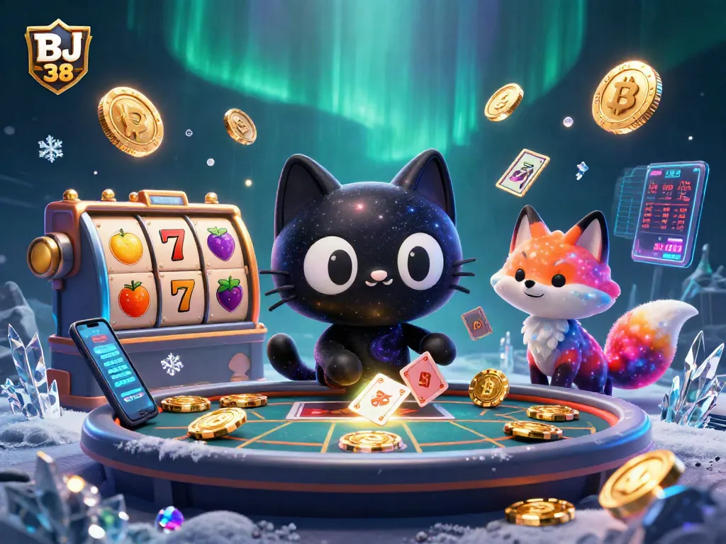 Win big at BJ 38 casino with vibrant slot reels, swirling cosmic cat, and dazzling crypto elements.