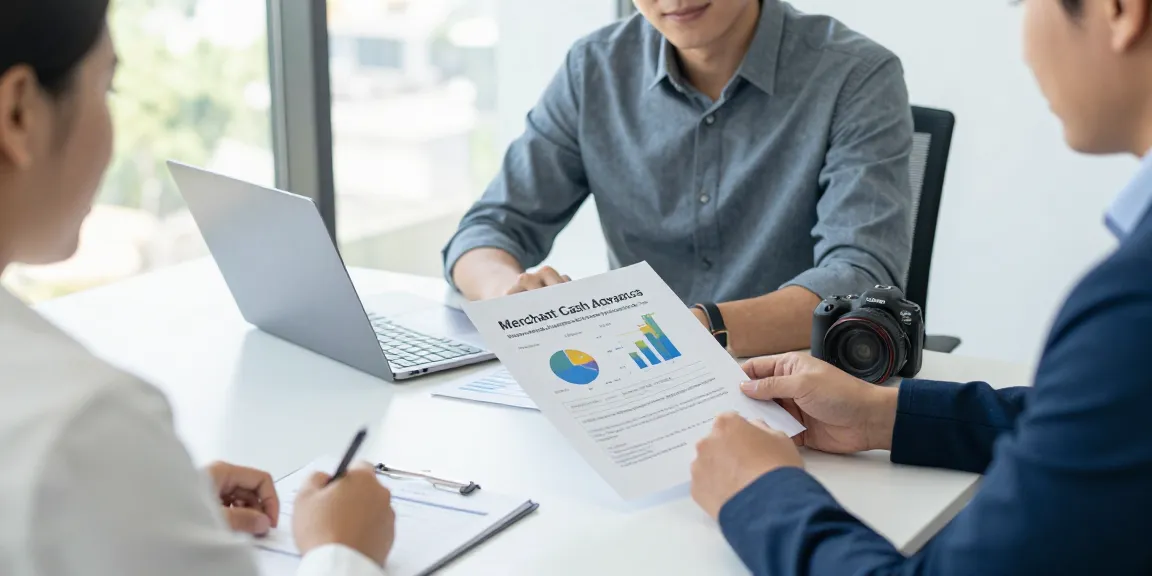 Small business owner analyzing if merchant cash advance is legit with advisor, showing financial documents.
