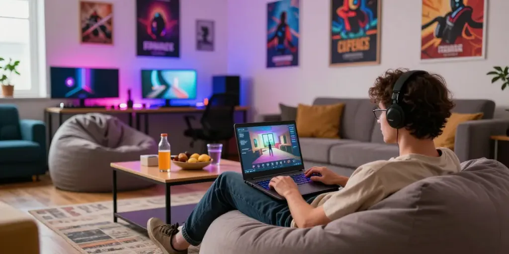 Engaging gaming lounge scene showcasing relaxed atmosphere while playing rokok88.