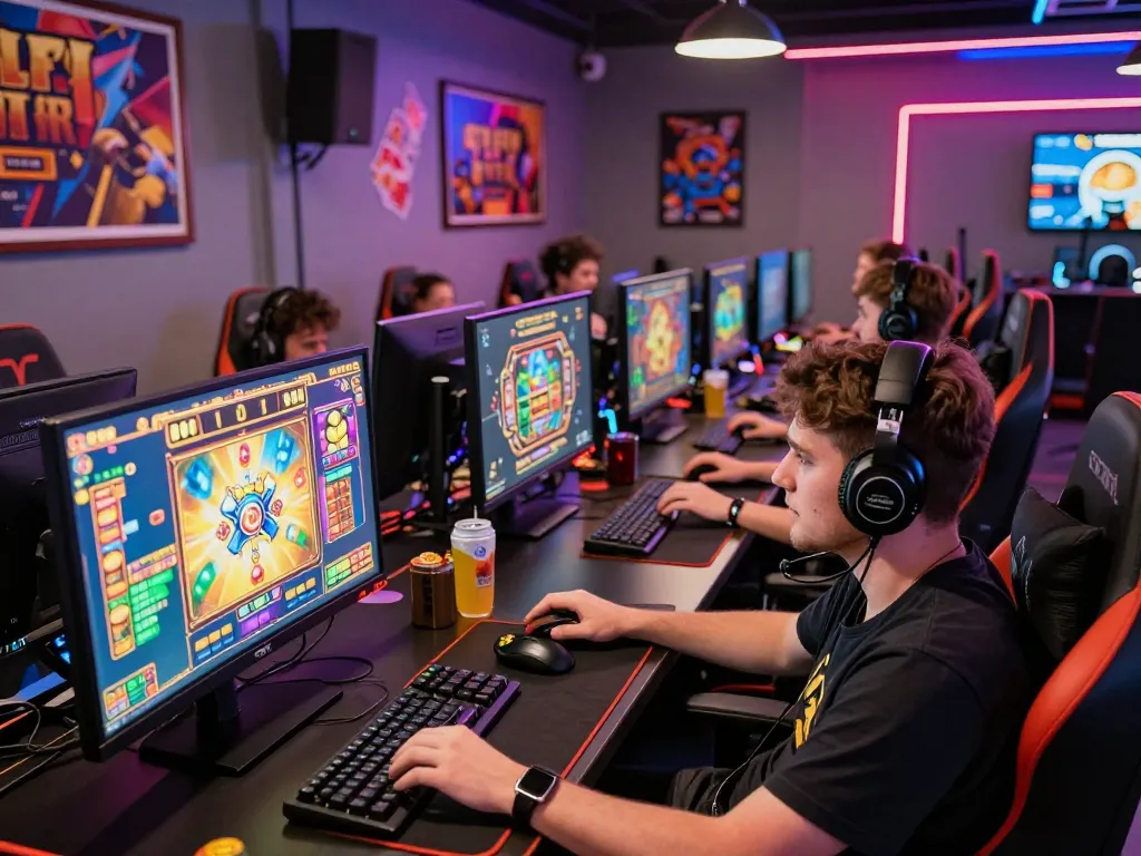 Players enjoying thrilling games at vegasslot77 gaming lounge, vibrant atmosphere.