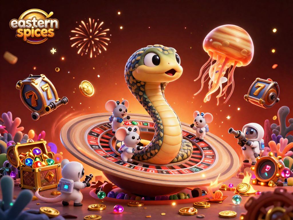 Spin the roulette with easternspices in this vibrant casino scene featuring astronauts and a jellyfish dealer.