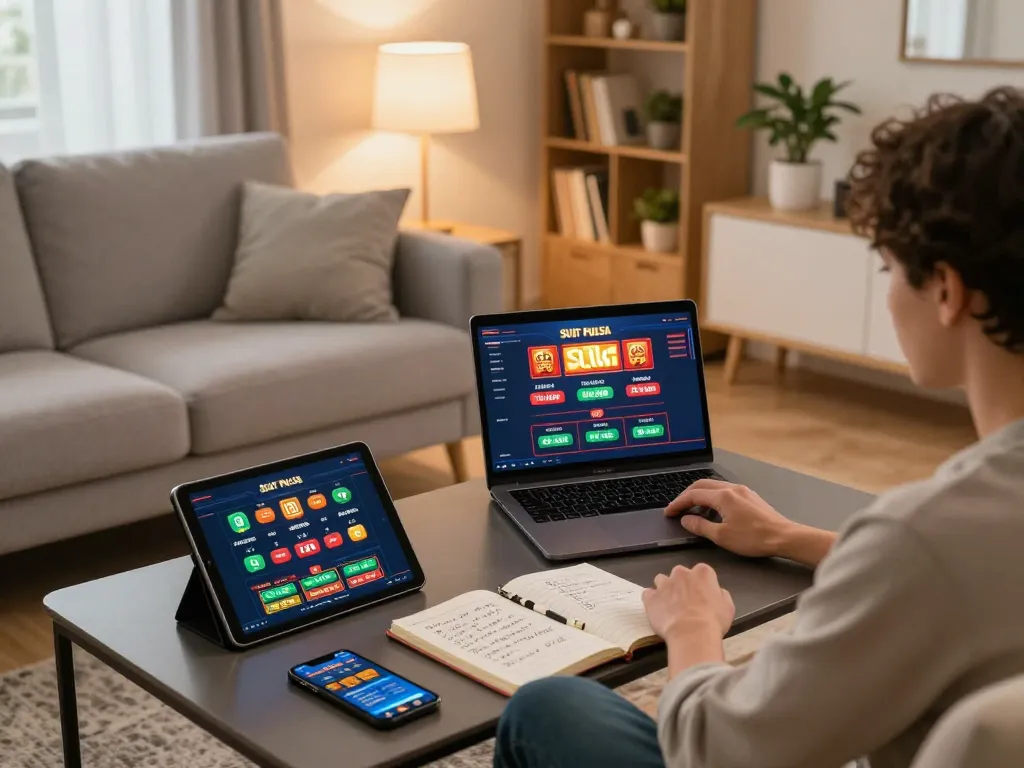 Engaging in online Slot Pulsa gaming from home with laptop and strategic notes.