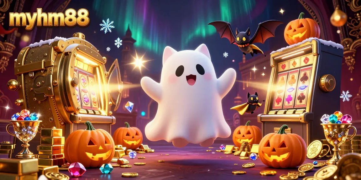 Interact with ghost cat and vampire bat at myhm88's haunted casino adventure.