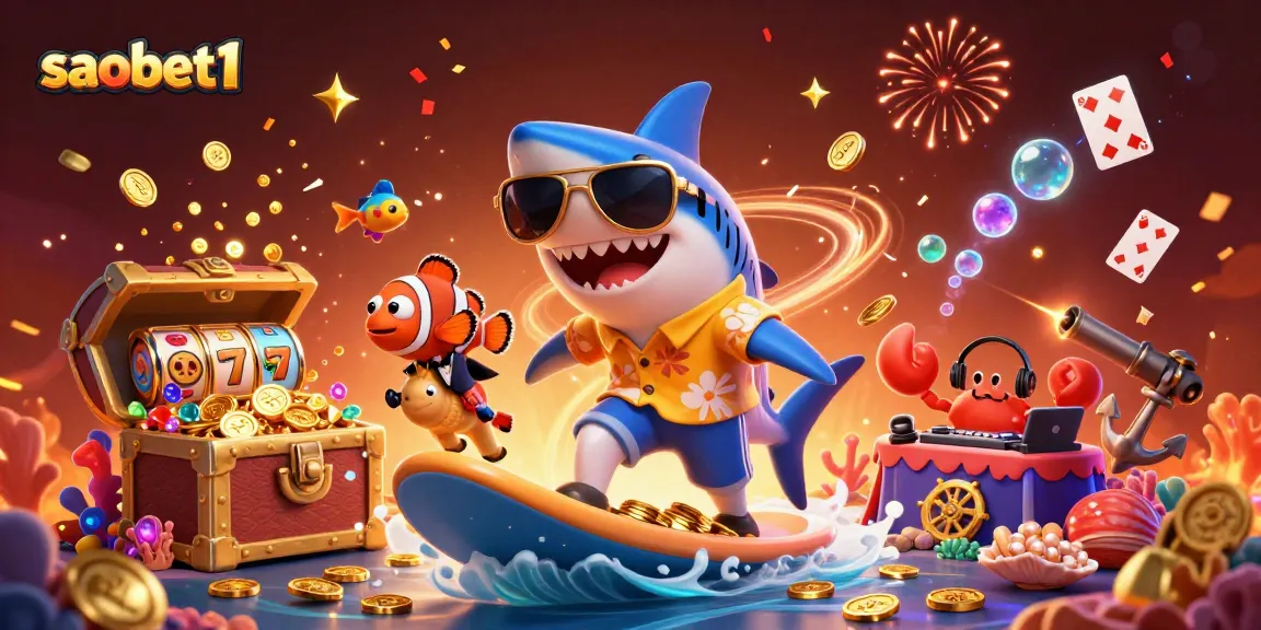 Experience the excitement of saobet1 with animated casino characters surfing on gold coins amidst floating slot reels and festive elements.
