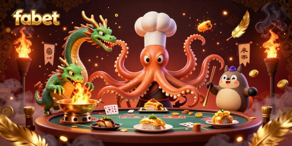 Experience fabet with a dynamic scene of a sushi chef octopus and dragon in a vibrant gaming environment.