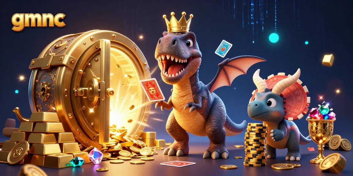 Experience the thrill of gmnc with T-Rex card shuffling, golden chips, and casino treasures!