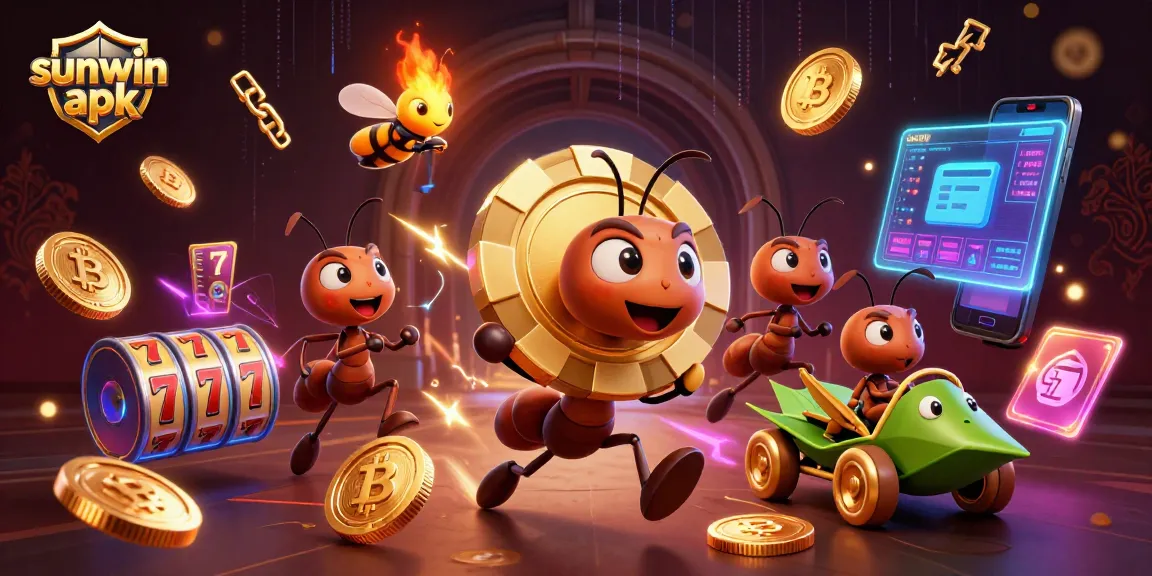 Play the sunwin apk with a vibrant scene of ants heisting a giant poker chip in crypto style