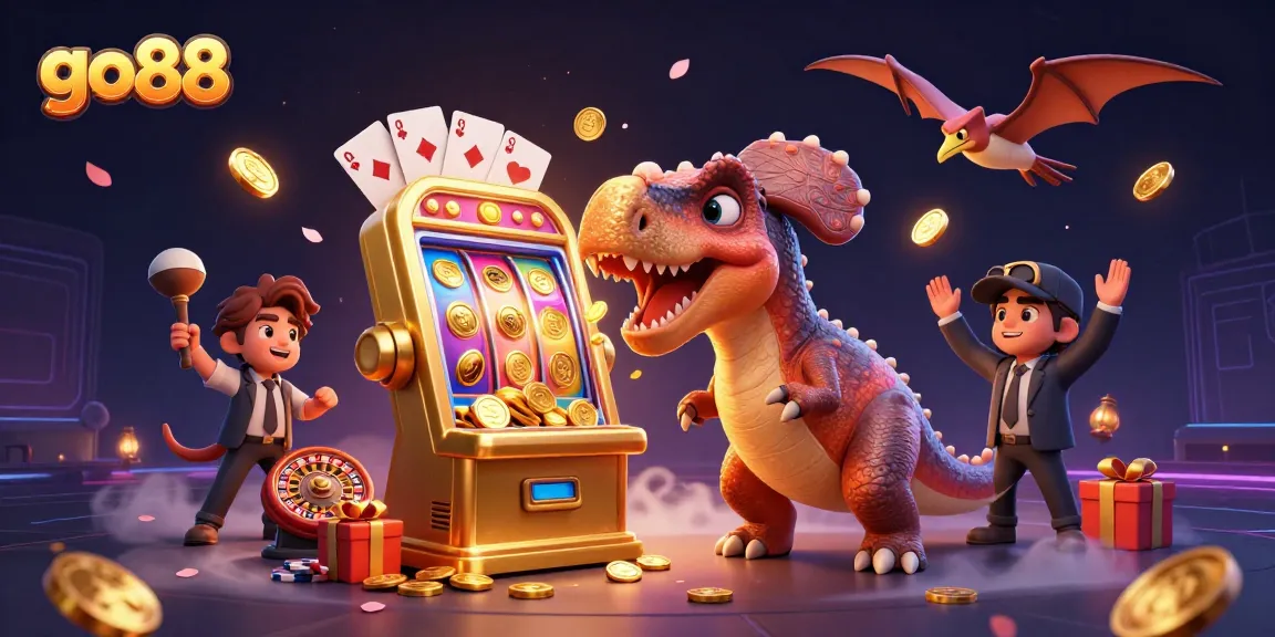 Witness the excitement of go88 as a cartoon dinosaur triggers a jackpot in a vibrant casino scene.