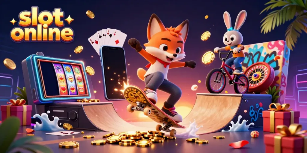 Experience thrilling moments with slot online via vibrant digital casino art featuring playful characters.