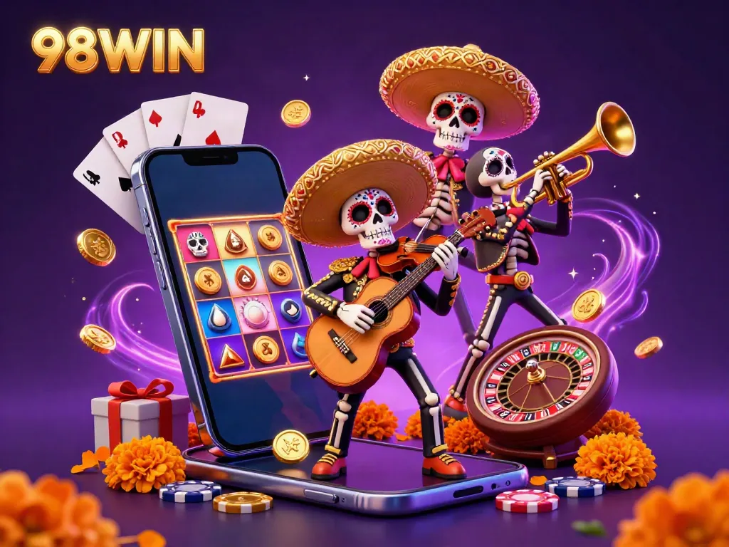 Engage with exciting games at 98WIN featuring a lively mariachi band amidst colorful slot game visuals.