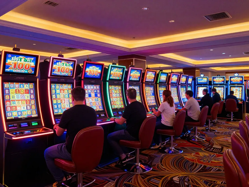 Excited players enjoying slot bet 100 on colorful machines in an upscale casino.