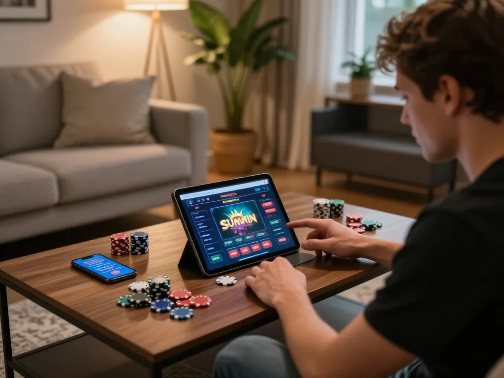 Player engaging in a sunwin online casino game on a tablet, showcasing strategic gameplay.