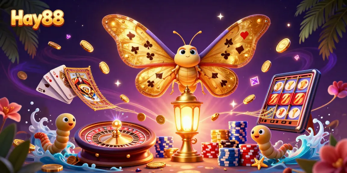 Experience exhilarating wins at Hay88 with vibrant casino elements like golden coins and poker chips.