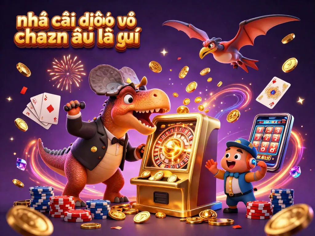 Nhà cái đến từ châu Âu là gì, hoạt cảnh 3D với khủng long và máy slot vàng.