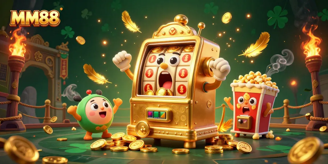 MM88 slot machine celebrates a jackpot, surrounded by cheering machines and coins spilling out.