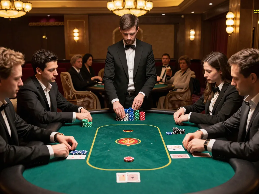 Players engage in intense poker strategy at 8kbet casino table, showcasing chips and cards.