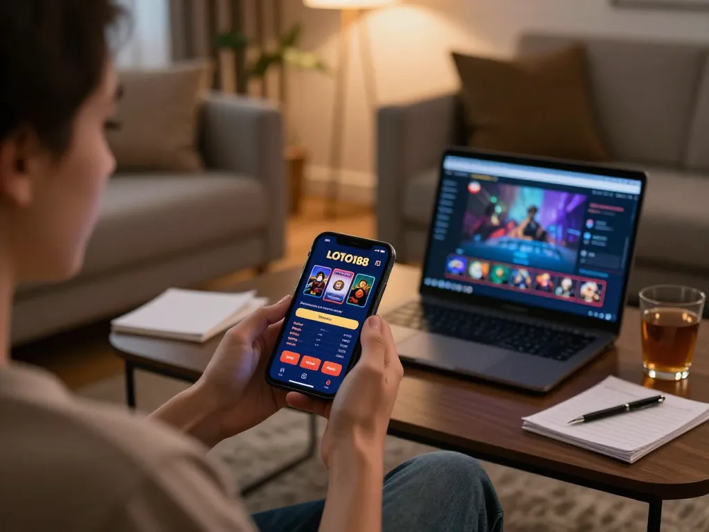 Engaging in LOTO188 SO mobile gambling while relaxing at home in a cozy setting.