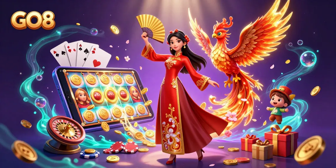 Experience the thrill of GO8 as slot games and golden treasures fill the vibrant 3D scene.