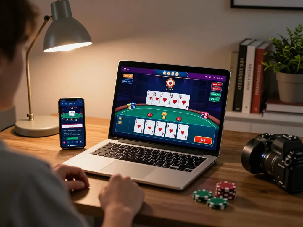 Engaging in strategic poker gameplay on badak178 online platform, person analyzing cards on laptop.