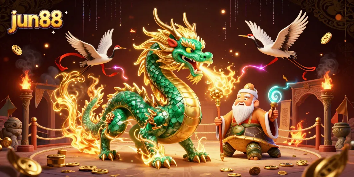 Experience thrilling cockfighting action at jun88 with a dynamic scene featuring an emerald dragon and lucky cranes.