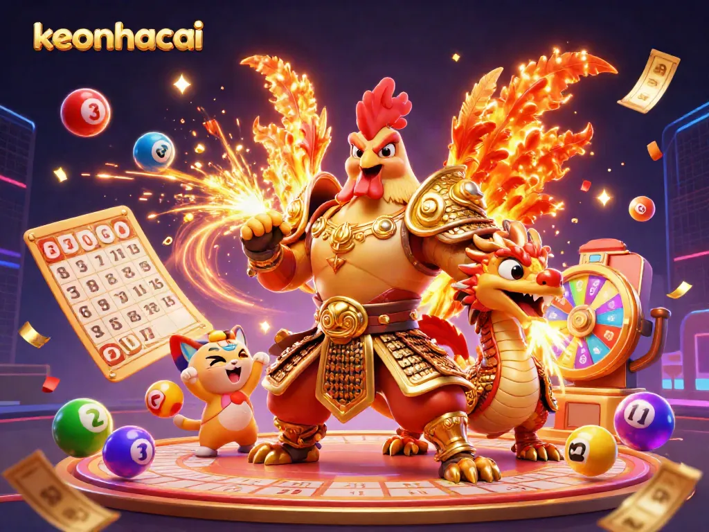 Experience thrilling action with keonhacai as a brave rooster warrior battles alongside a fierce dragon in a vibrant casino scene.