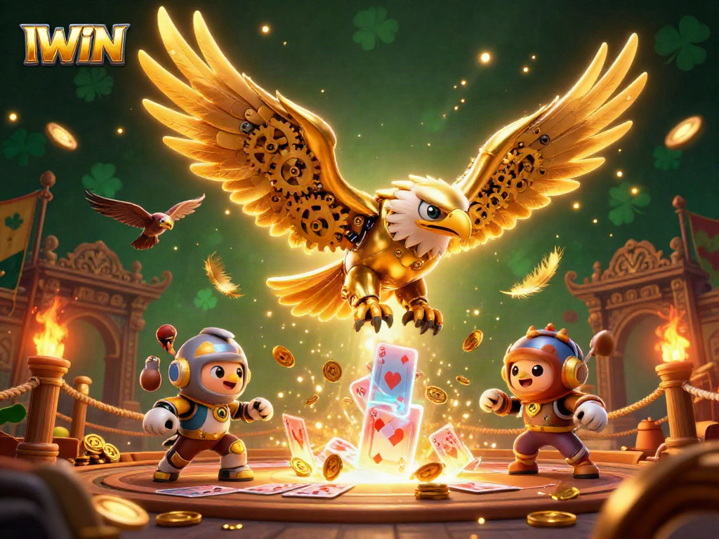 IWIN casino scene with a cybernetic eagle, holographic cards, and dynamic gaming elements
