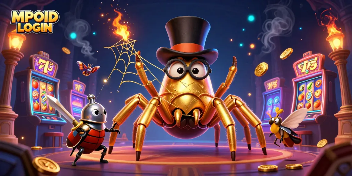 MPOID LOGIN offers thrilling gameplay with golden tarantula and knight in a casino setting.