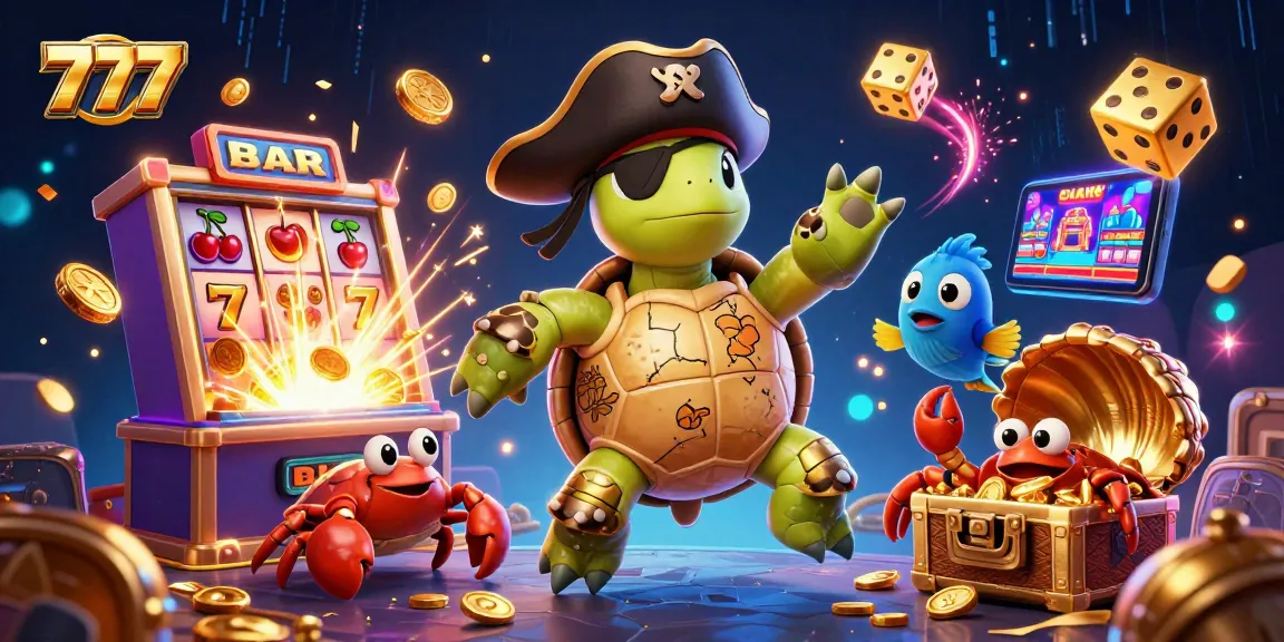 Experience the thrill of 777 jackpots with an exciting 3D casino scene including slot machines and treasure.