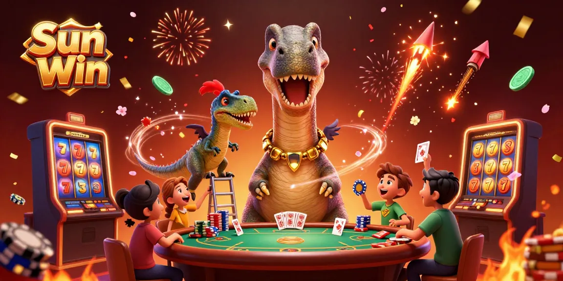 Experience the excitement of Sun Win with a vibrant casino scene featuring playful dinosaurs.
