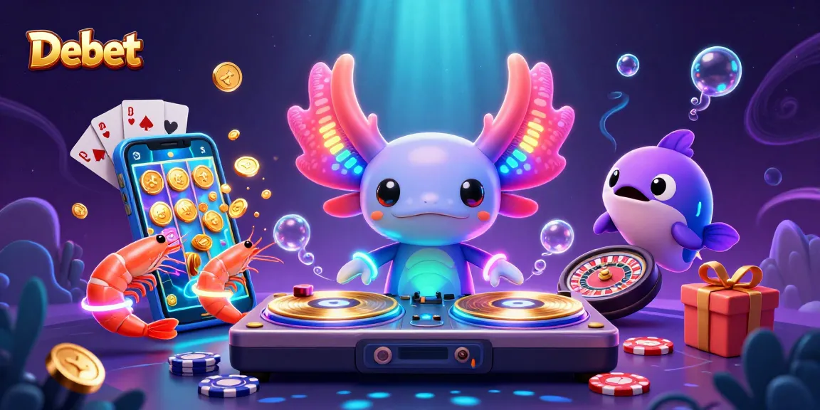 Join the Debet casino fun with a vibrant digital scene full of gaming elements and lively characters.