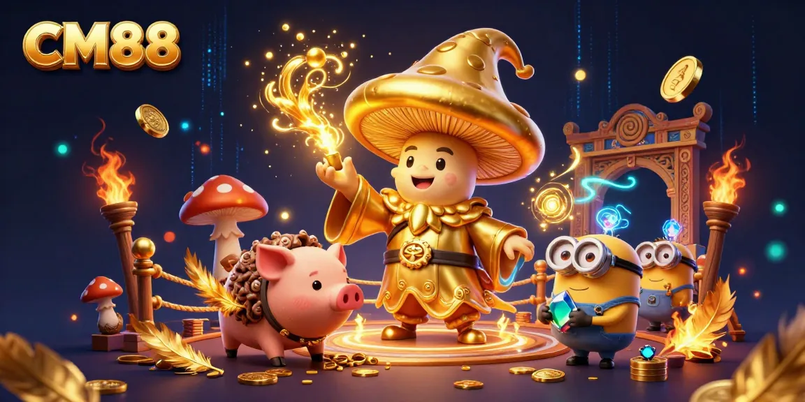 CM88 presents a captivating casino scene with a golden mushroom wizard, truffle pig, and treasure-hunting minions.