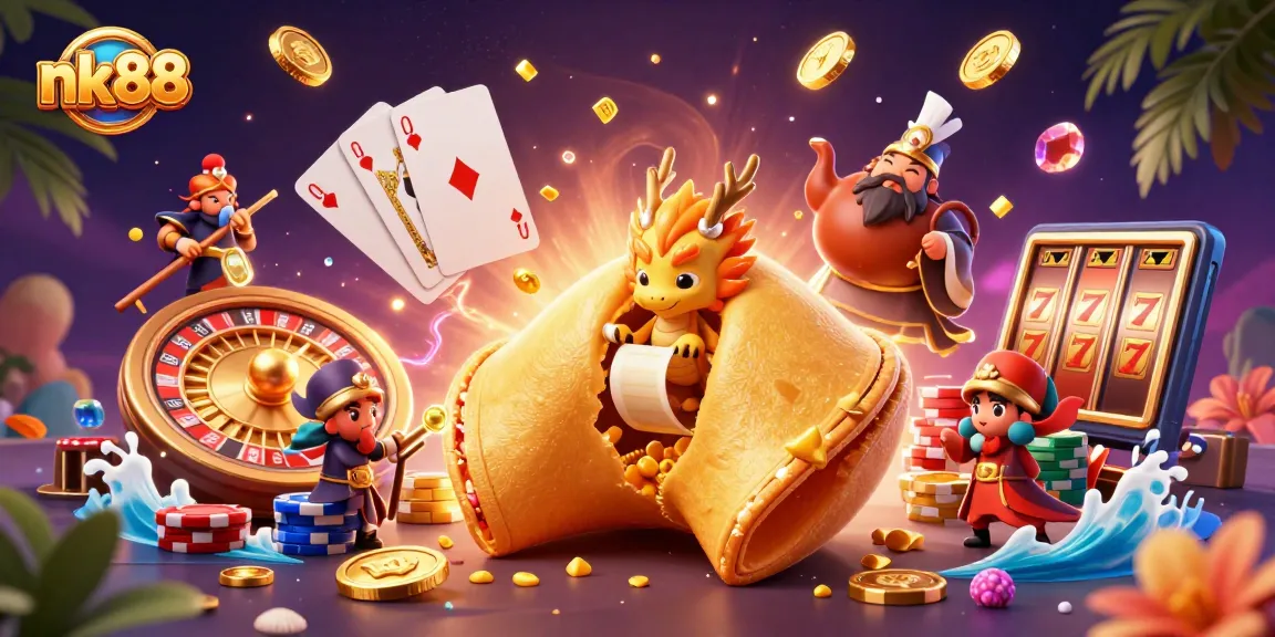 Win big with nk88 in this vibrant 3D casino illustration featuring dynamic gaming elements.