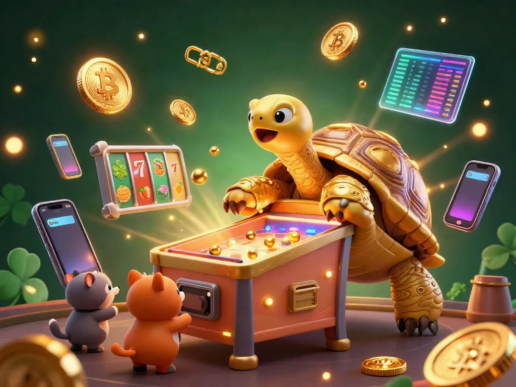 Engage in thrilling slot action with a vibrant scene featuring a golden tortoise pinball machine, crypto elements, and dazzling colors.