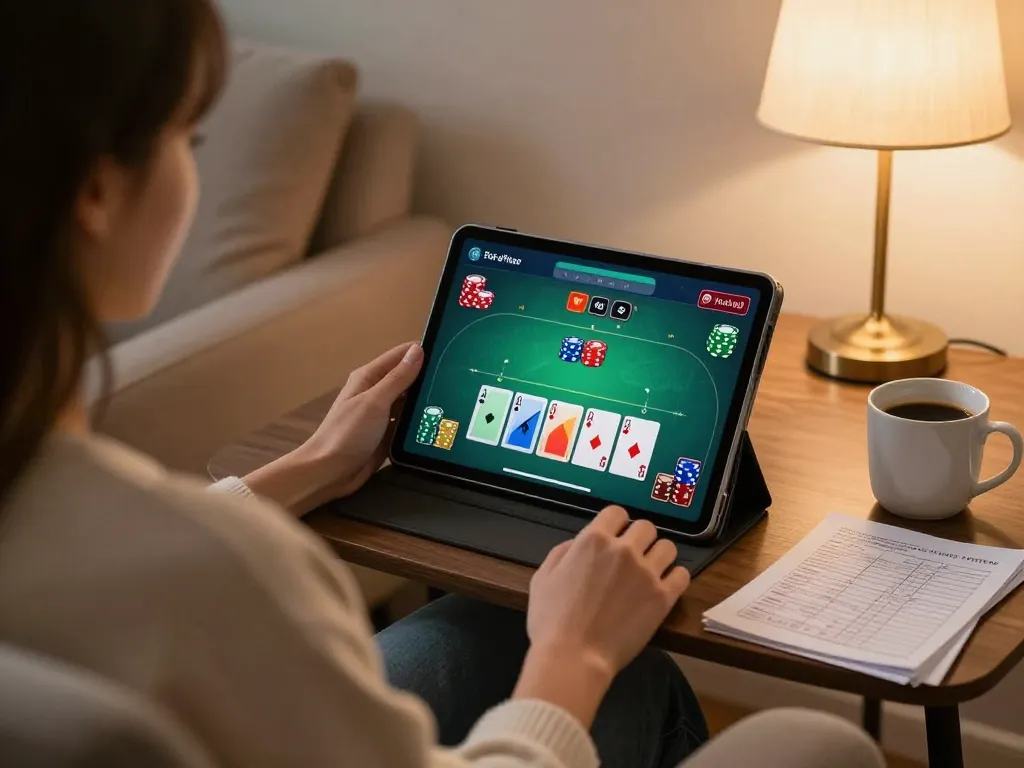 Engage in responsible online gaming with 68gamebaivn in a cozy home setting featuring a tablet.