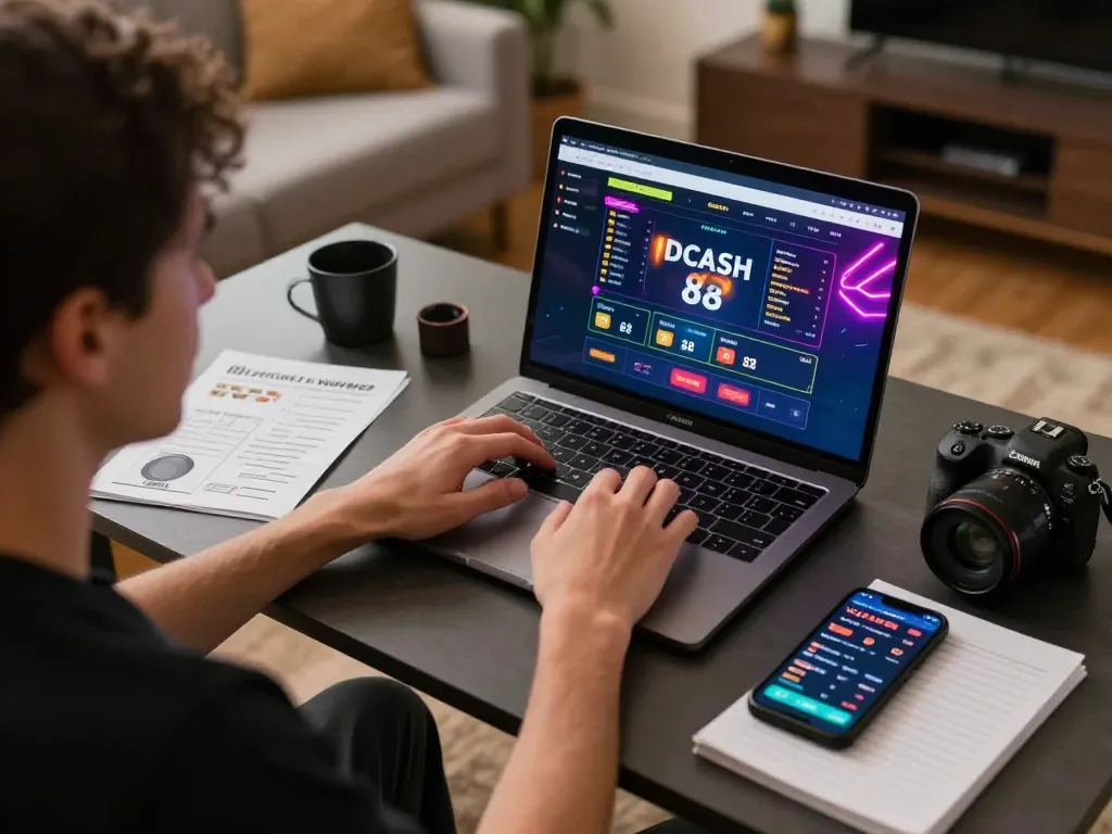 Engaging online gaming experience with IDCASH 88 on a laptop, emphasizing excitement and strategy.