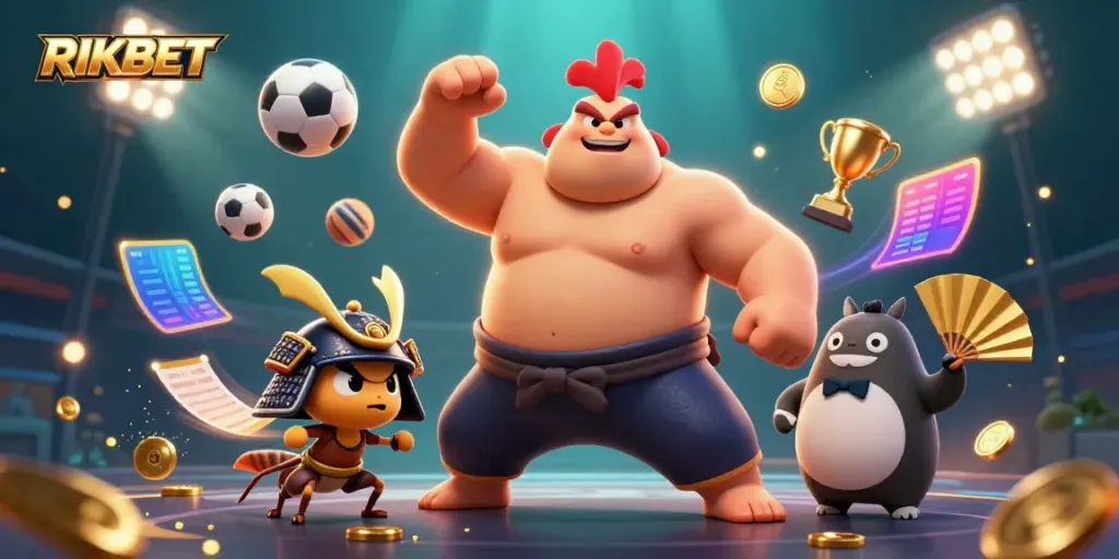 Experience thrilling gameplay with RIKBET's dynamic 3D casino scene featuring characters and sports elements.