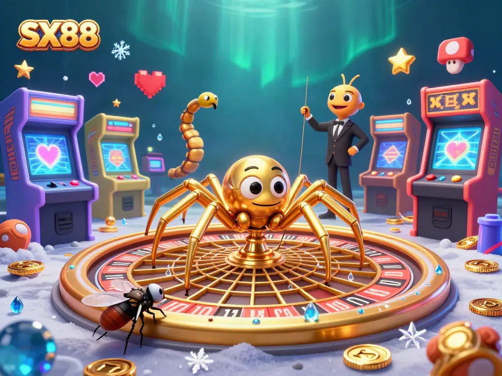 SX88 themed illustration of a spider croupier managing roulette bets in a vibrant arcade casino.