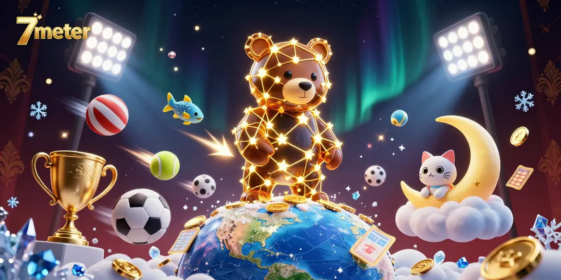 Engage with 7meter sports betting excitement as a constellation bear collects coins amidst flying sports elements.