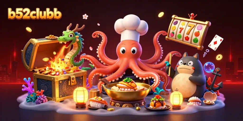 Engage in thrilling gameplay with b52clubb featuring a sushi chef octopus and a dragon in a vibrant casino scene.